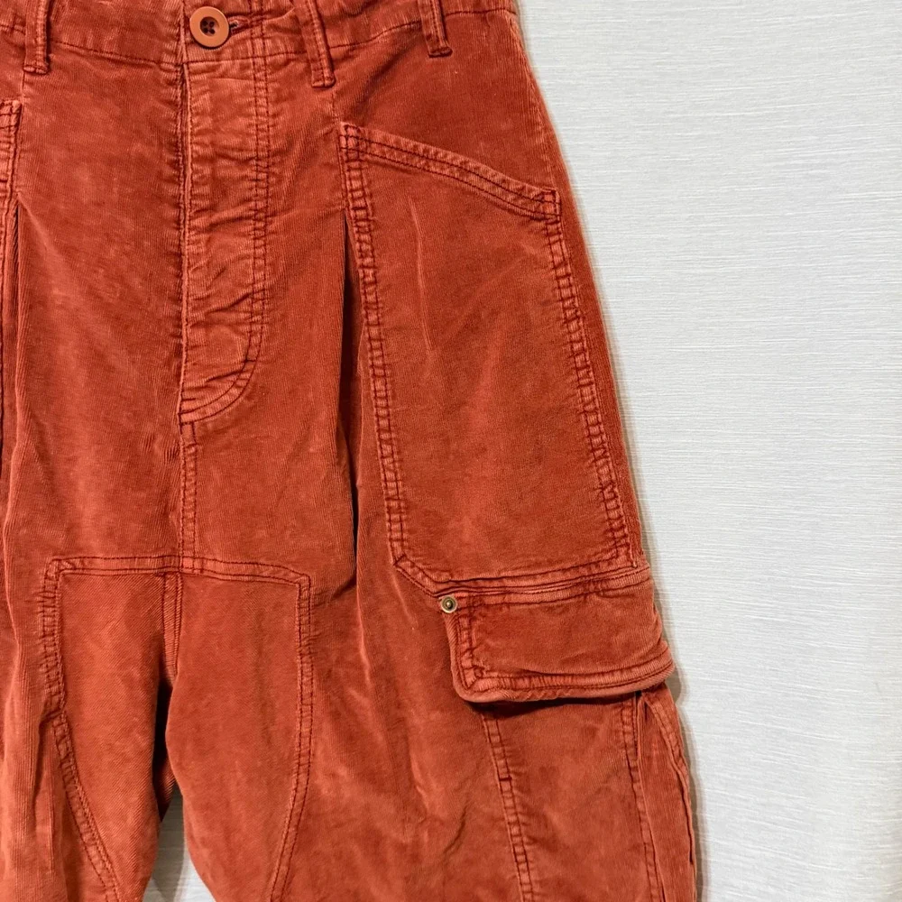 Free People Rust Orange Corduroy Cargo Tapered Pants High Rise Womens Size S